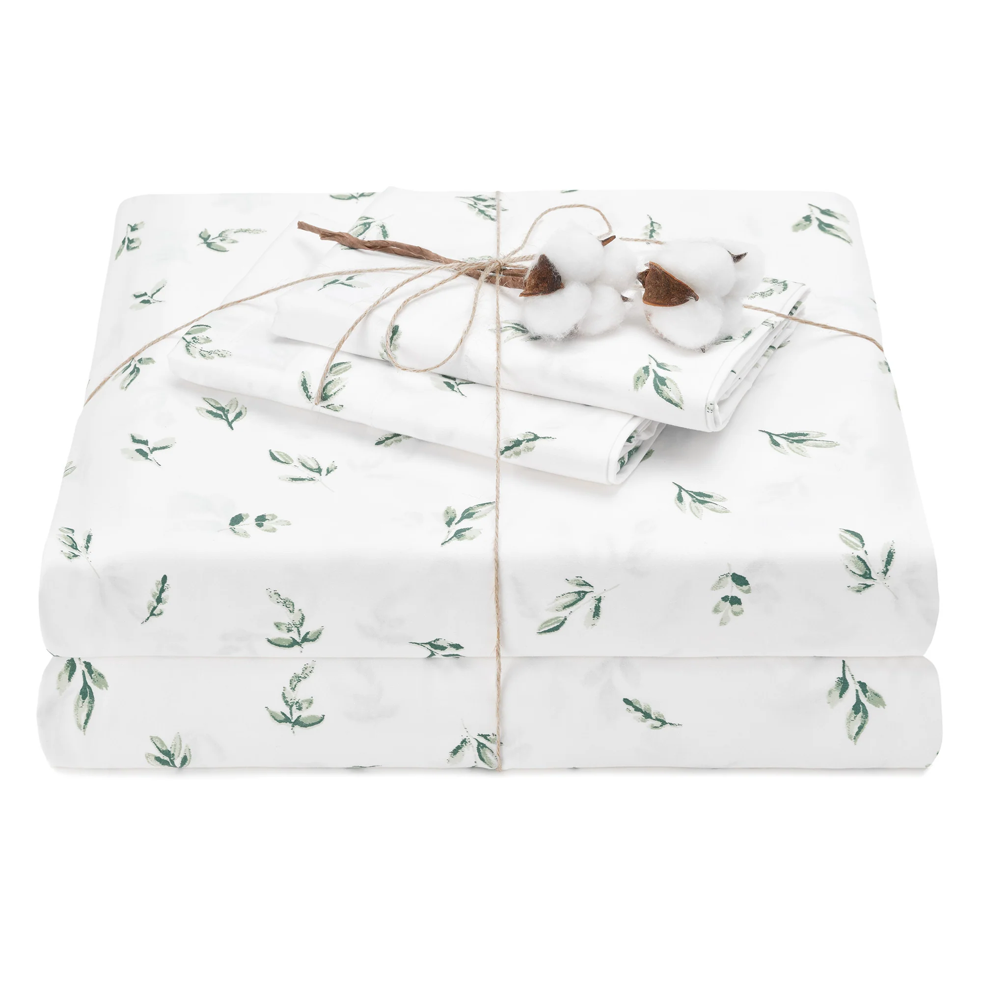 4c4910e64c63928d075ab99e98354427a5ff3348fbeb2fd50a23e810980d0836.webp Elegant Cotton 100% Organic Cotton Green Botanical Leaves Print Sheet Set - Image 1