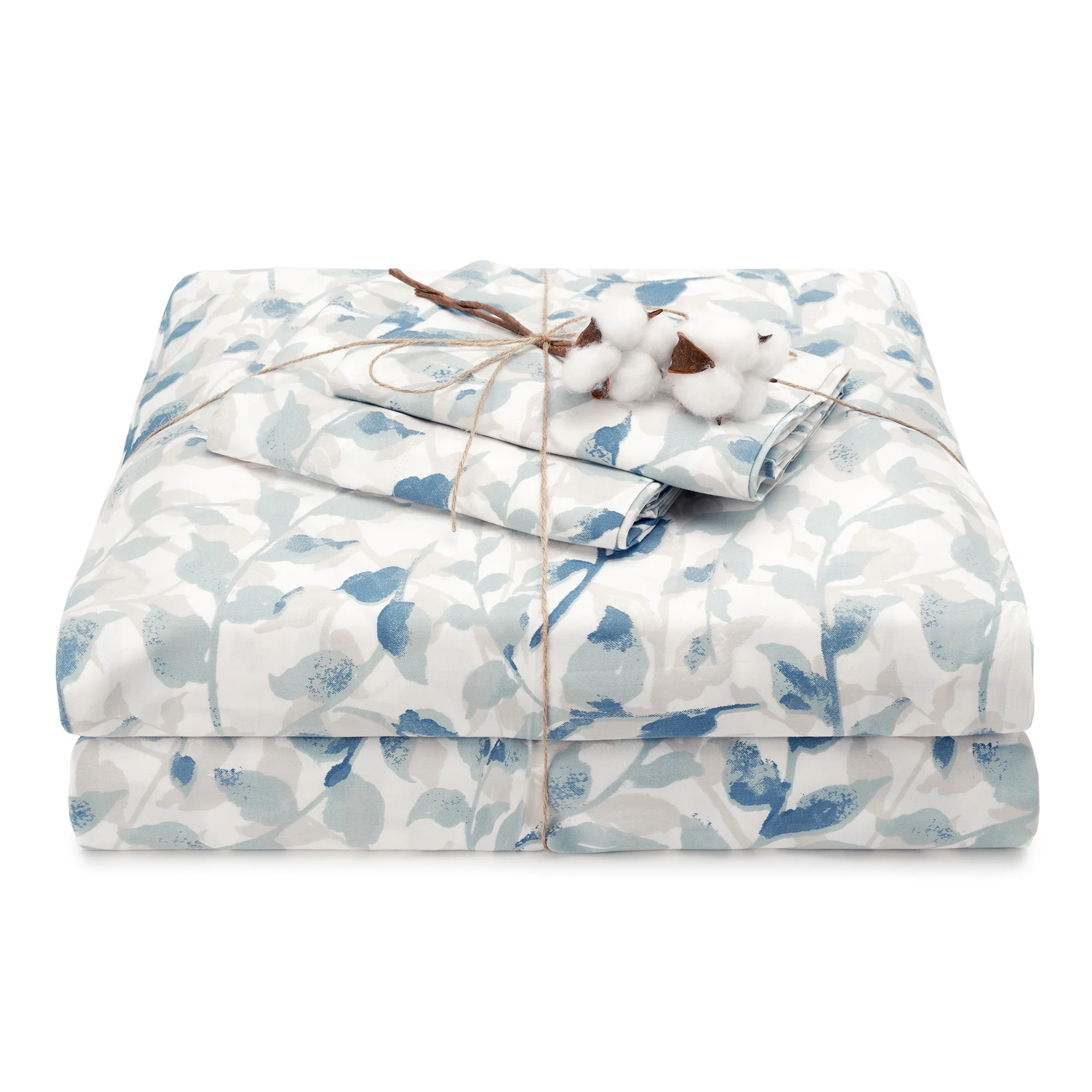 830fedd114ce01edb0b25922c4bc6351713219e5fa0774919e295c66b67e1657.webp Elegant Cotton 100% Organic Cotton Blue Botanical Leaves Print Sheet Set - Image 1
